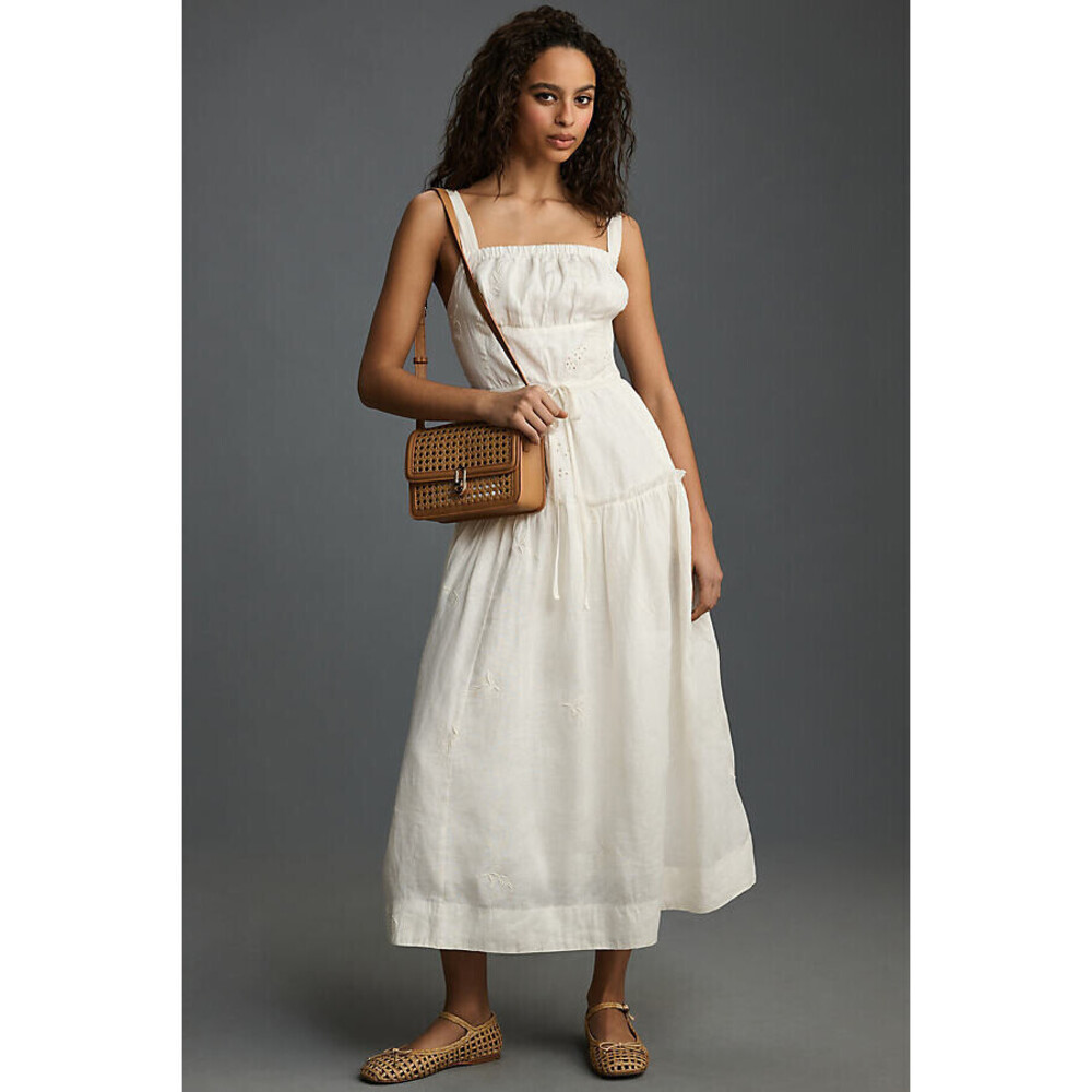 By Anthropologie Linen Square-Neck Midi Dress L NWT